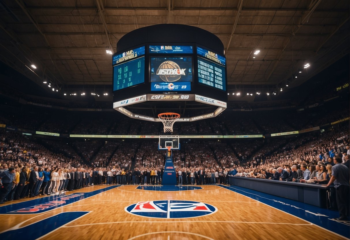 A basketball court with a scoreboard showing the lowest score in NBA history, surrounded by a crowd in disbelief