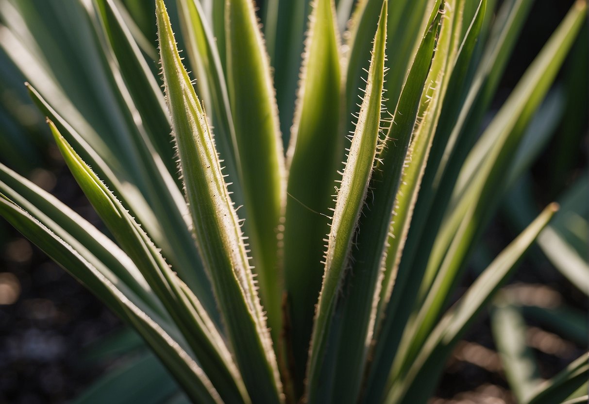 A yucca plant infested with pests and diseases, such as aphids and fungal spots, causing damage to the leaves and stems