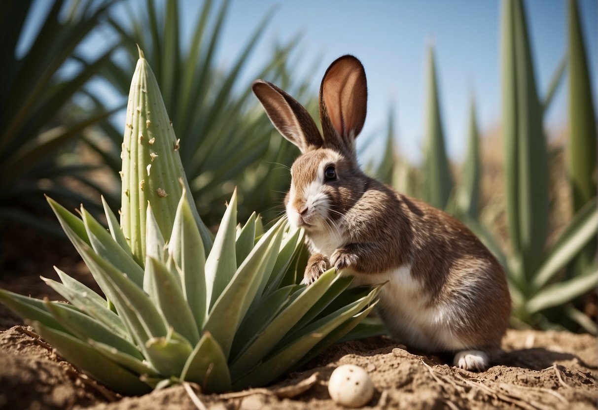 A yucca plant being nibbled on by a rabbit, while a moth lays eggs on its leaves