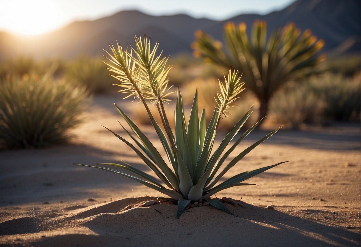 A yucca plant stands tall in a desert landscape, surrounded by dry, sandy soil and small rocks. The sun shines down, casting shadows on the spikey leaves