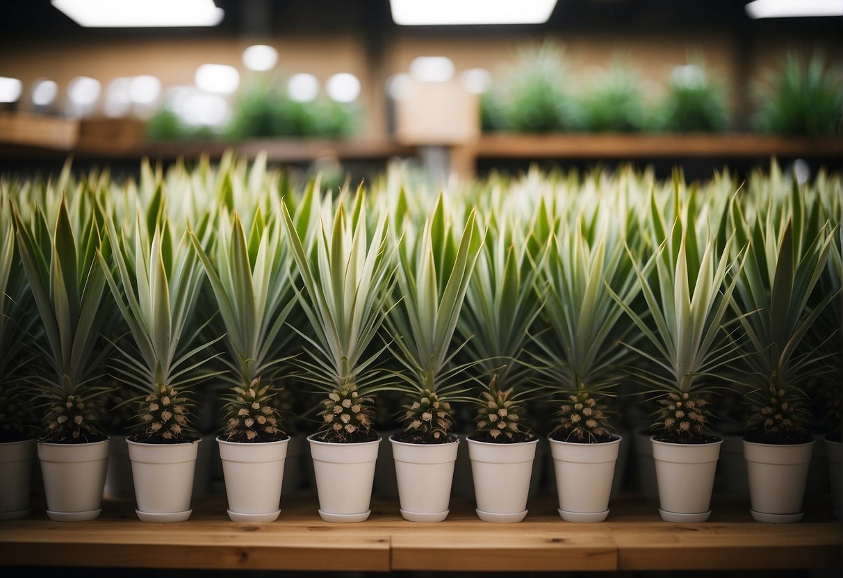 A variety of yucca plants displayed on shelves with price tags
