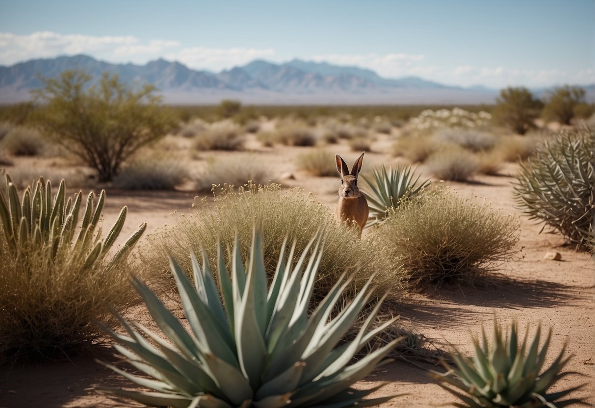 A desert landscape with a yucca plant in the foreground and animals such as rabbits, deer, and insects feeding on its leaves and flowers