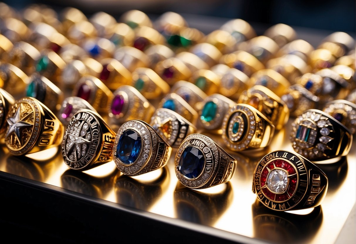 A group of NBA championship rings arranged in a display case, with one ring standing out as the largest and most prominent