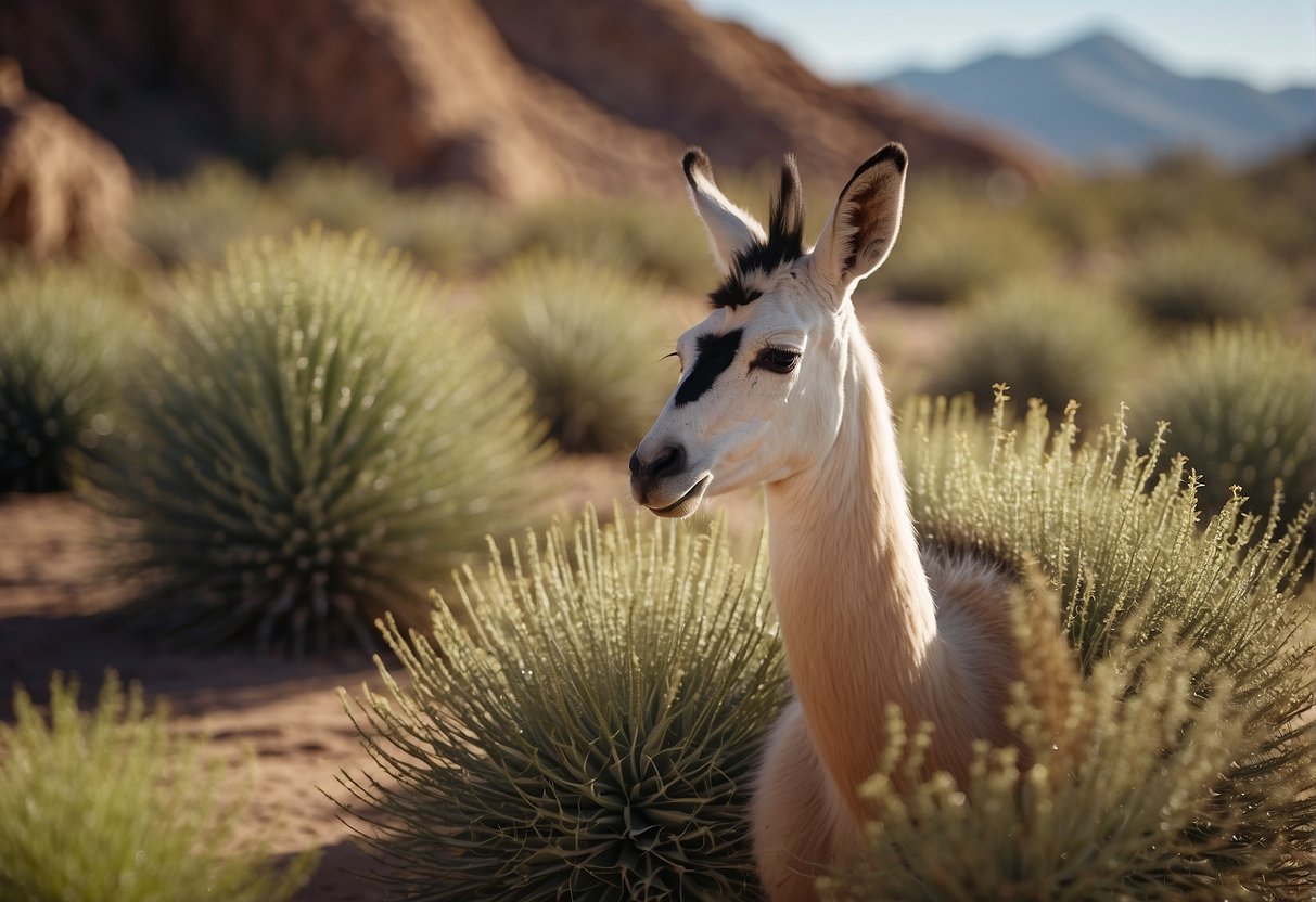 Animals grazing on yucca plants in a desert landscape