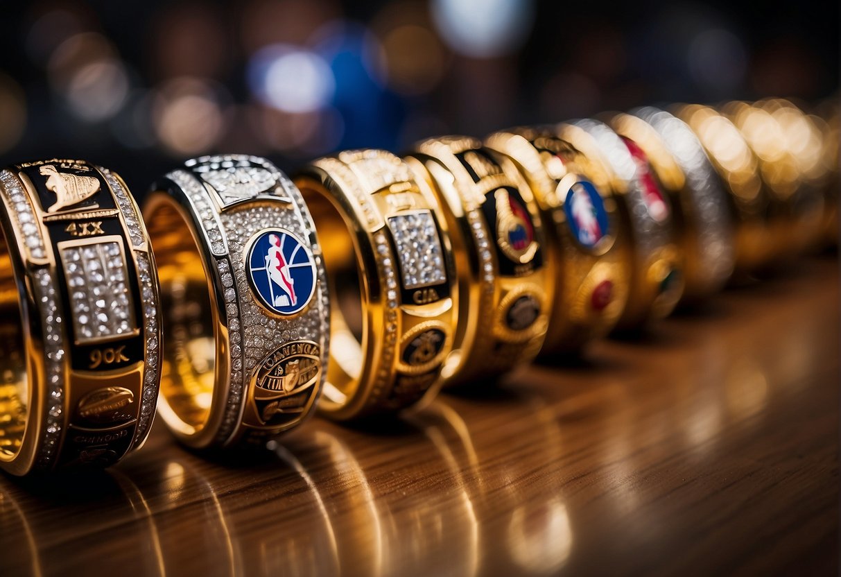 A display of multiple NBA championship rings arranged in a neat row, with the player's name engraved on each one