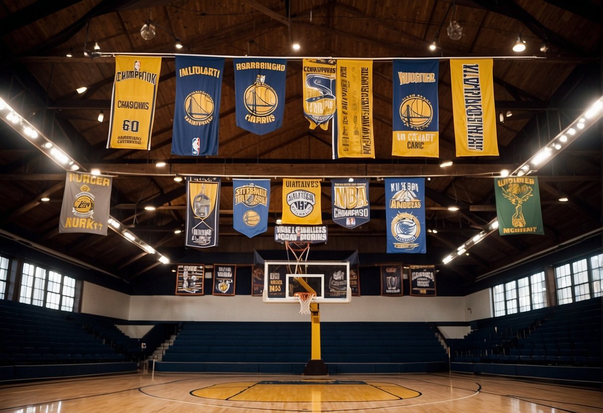 A basketball court with multiple championship banners hanging from the rafters, each representing a different NBA team. The banners are arranged in chronological order to depict the evolution of NBA championships