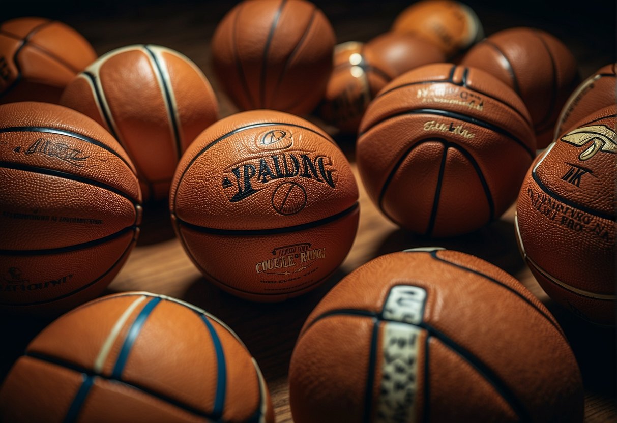 Several basketballs arranged in a circle, with one ball standing out in the center, representing the player with the most NBA rings