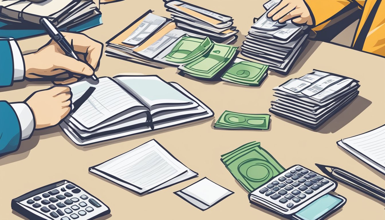 A money lender in Singapore consolidates debts for a client. Papers and calculators are spread out on a desk, with a pen ready to sign