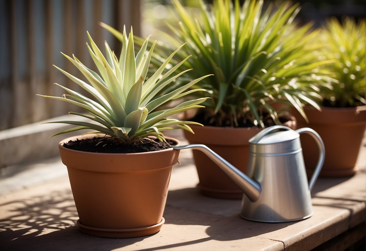 A yucca plant sits in a clay pot on a sunny patio. A watering can and gardening tools are nearby, with a calendar showing regular watering intervals