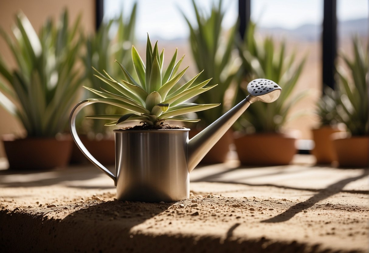 A yucca plant sits in a sunny room, surrounded by a few inches of dry soil. A watering can is nearby, ready to be used