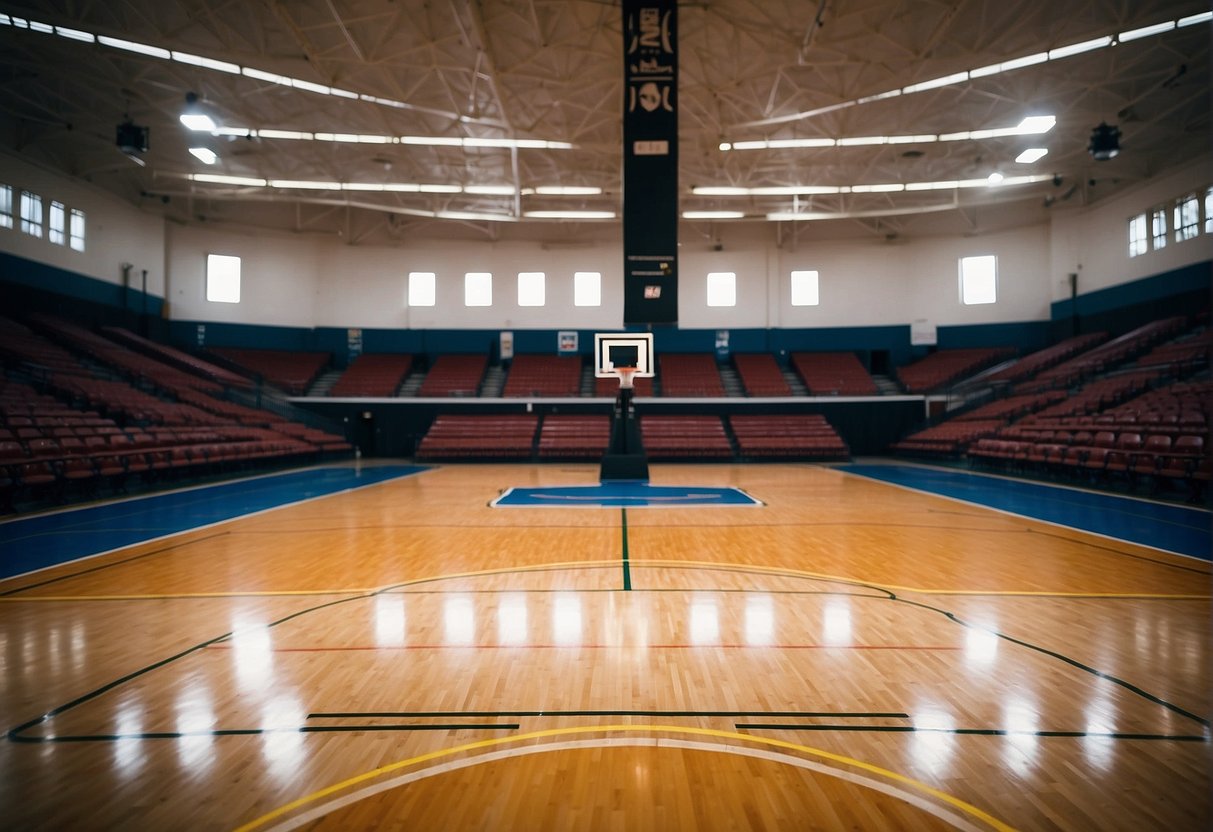 A blank basketball court with empty stands on December 3rd. Scoreboard reads "No NBA games scheduled."