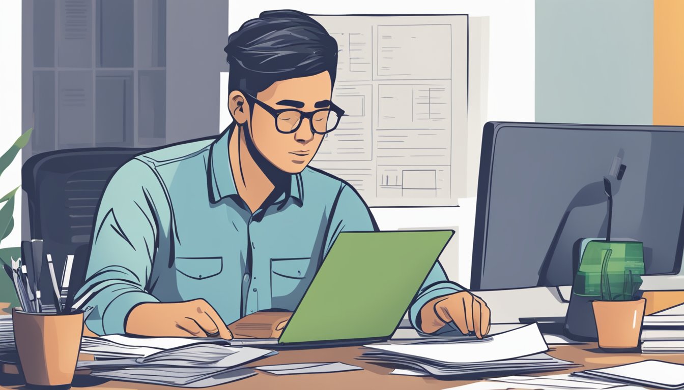 A person sitting at a desk, surrounded by paperwork and financial documents. A calculator and laptop are open, and the person is deep in thought, considering the implications of a debt consolidation loan from a money lender in Singapore