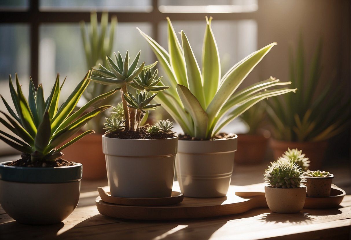A yucca plant sits in a sunny indoor space, surrounded by a few small pots of succulents. A watering can and a pair of gardening gloves are nearby, indicating the care and attention given to the plants