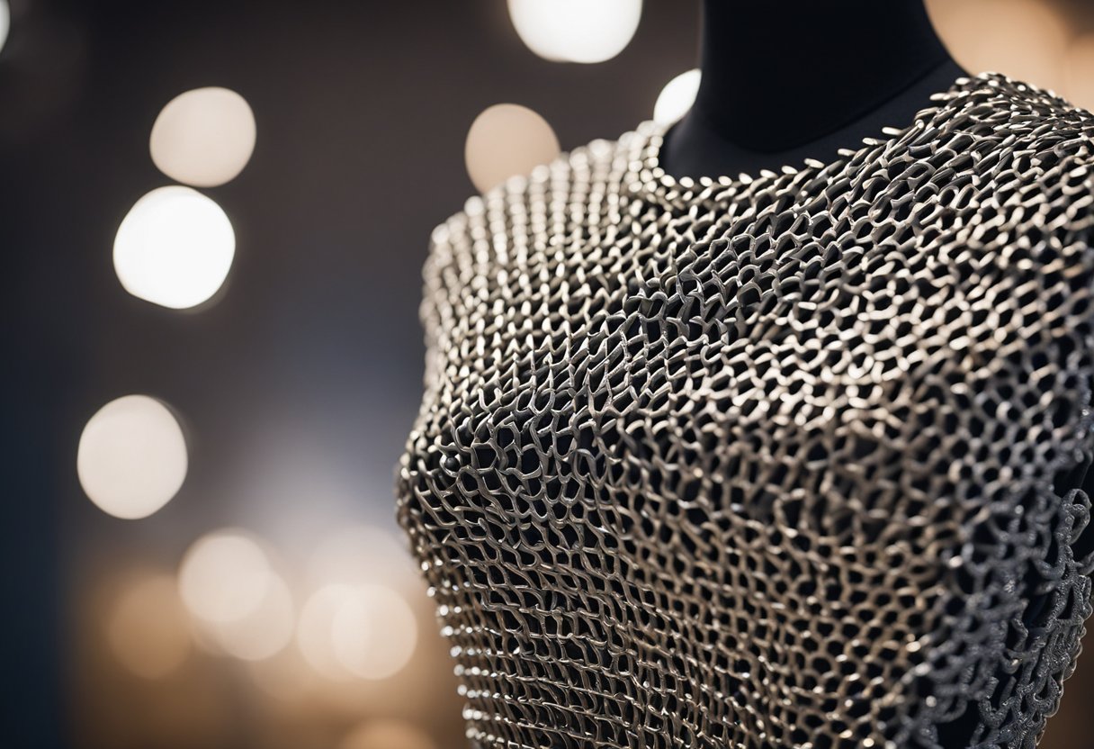 A 3D printed chainmail draped over a mannequin, with intricate interlocking patterns and a metallic sheen catching the light