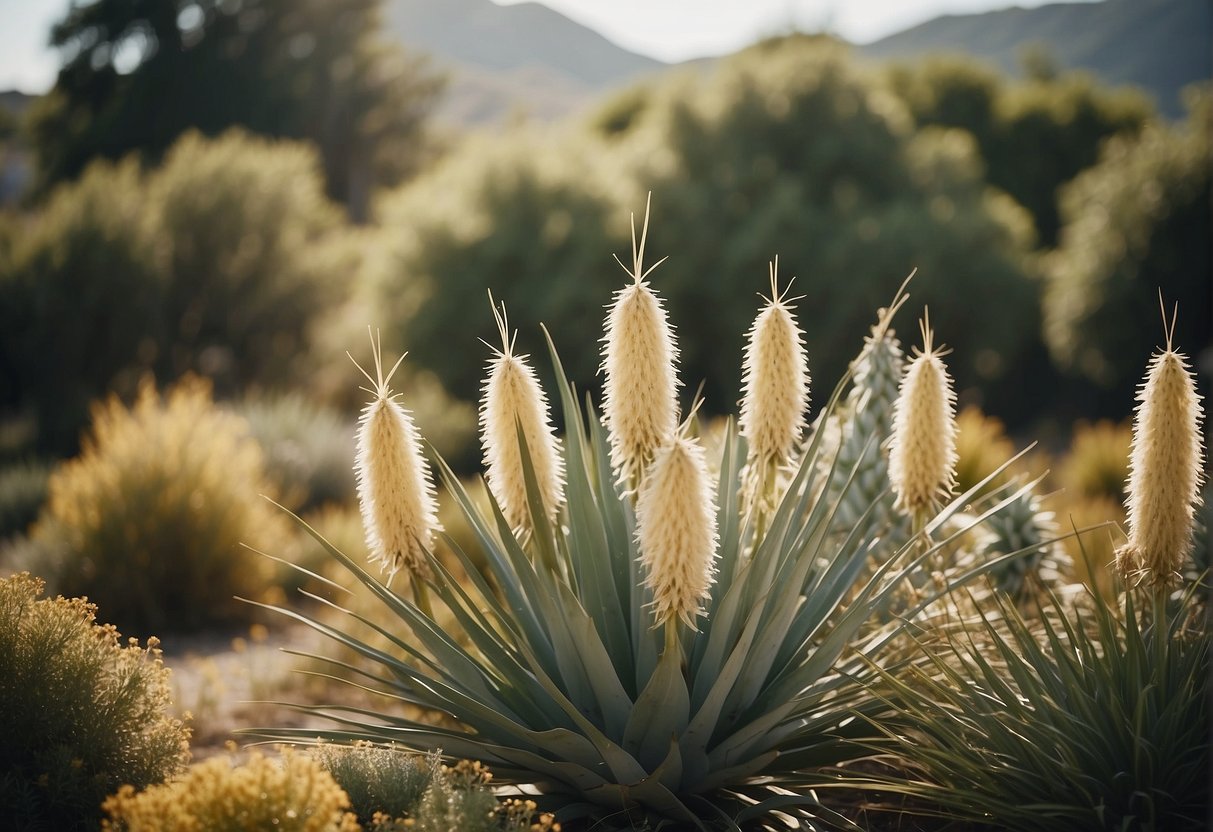Yucca plants being sprayed with chemical herbicide, wilting and dying in a garden landscape