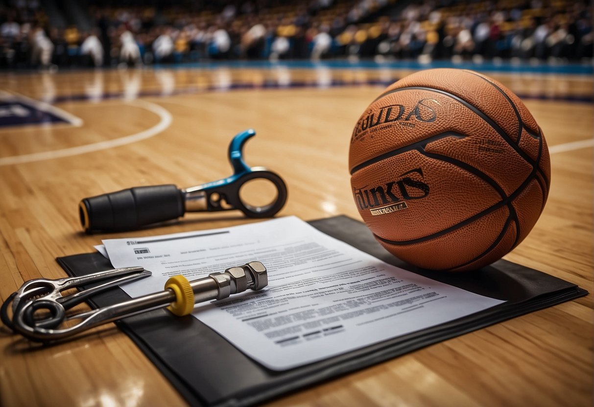 A basketball court with a contract document and a mechanic's tools, symbolizing the guaranteed nature of NBA contracts
