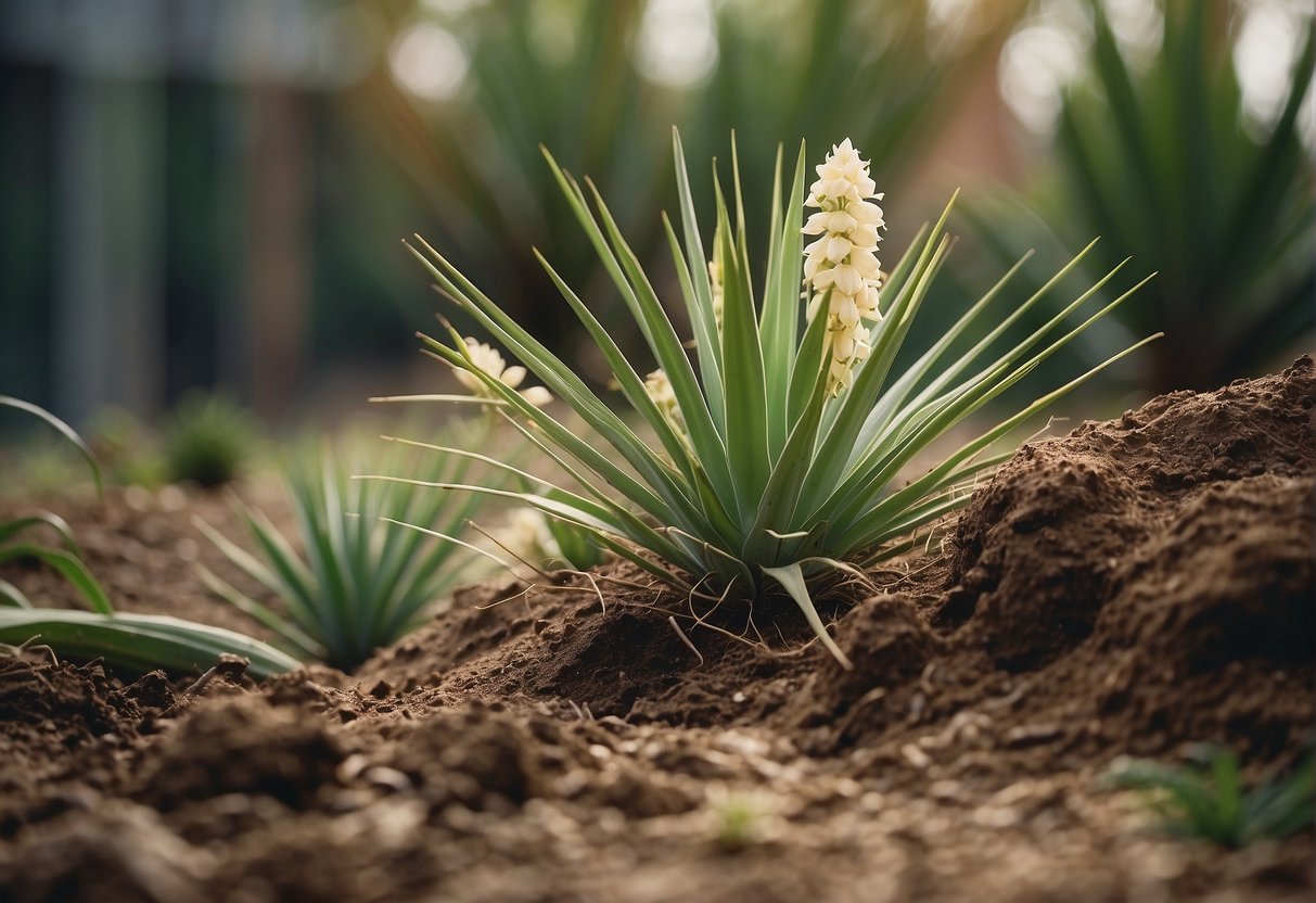 Yucca plants being uprooted and disposed of in a garden setting
