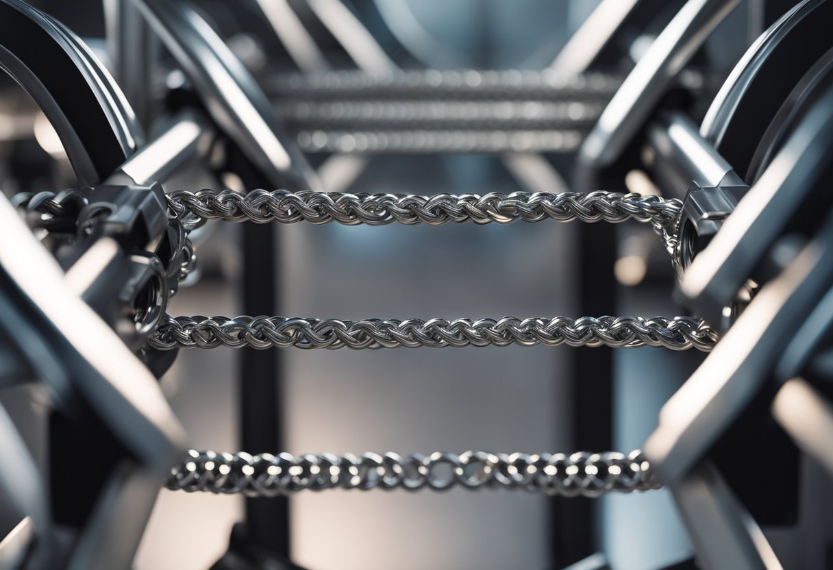 A 3D printer creating interlocking metal rings, forming a chainmail pattern