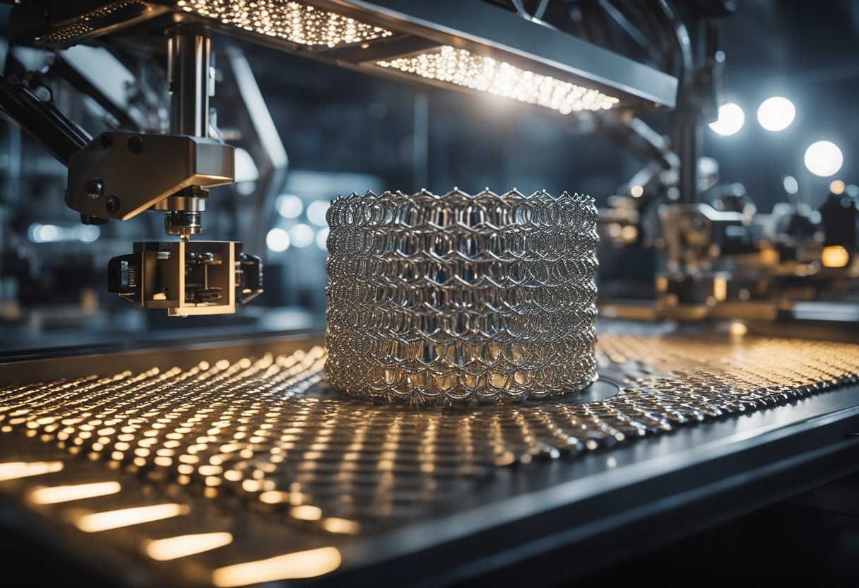 A futuristic workshop with advanced 3D printers creating intricate chainmail armor pieces. Bright lights illuminate the metallic material as it slowly takes shape layer by layer