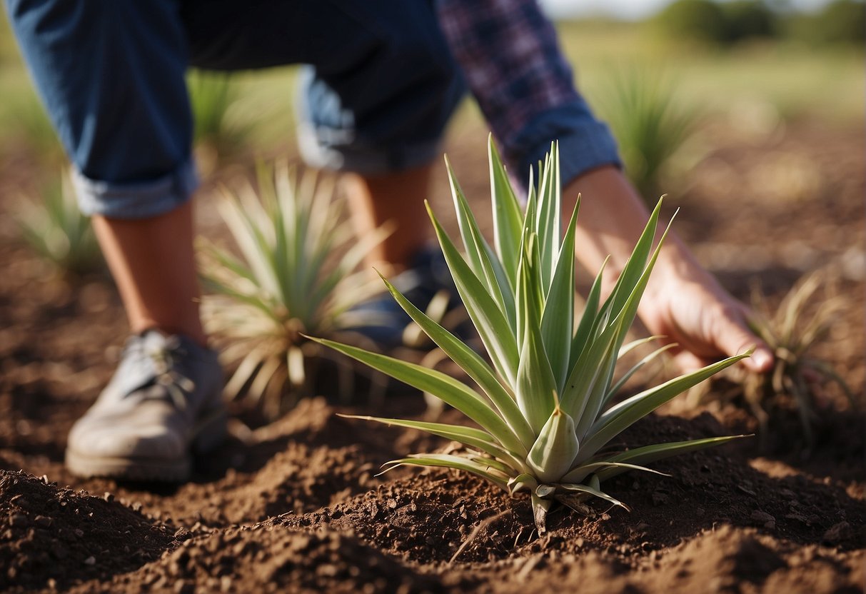 Yucca plants being placed in well-drained soil, with roots spread out and covered. Watering the soil lightly after planting