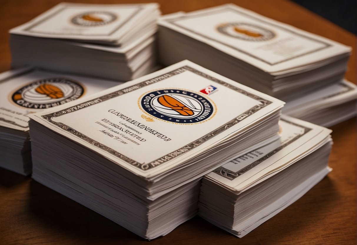 A stack of NBA contracts sits on a desk, each one bearing the team's logo and the player's name. The words "guaranteed" are prominently featured on each contract