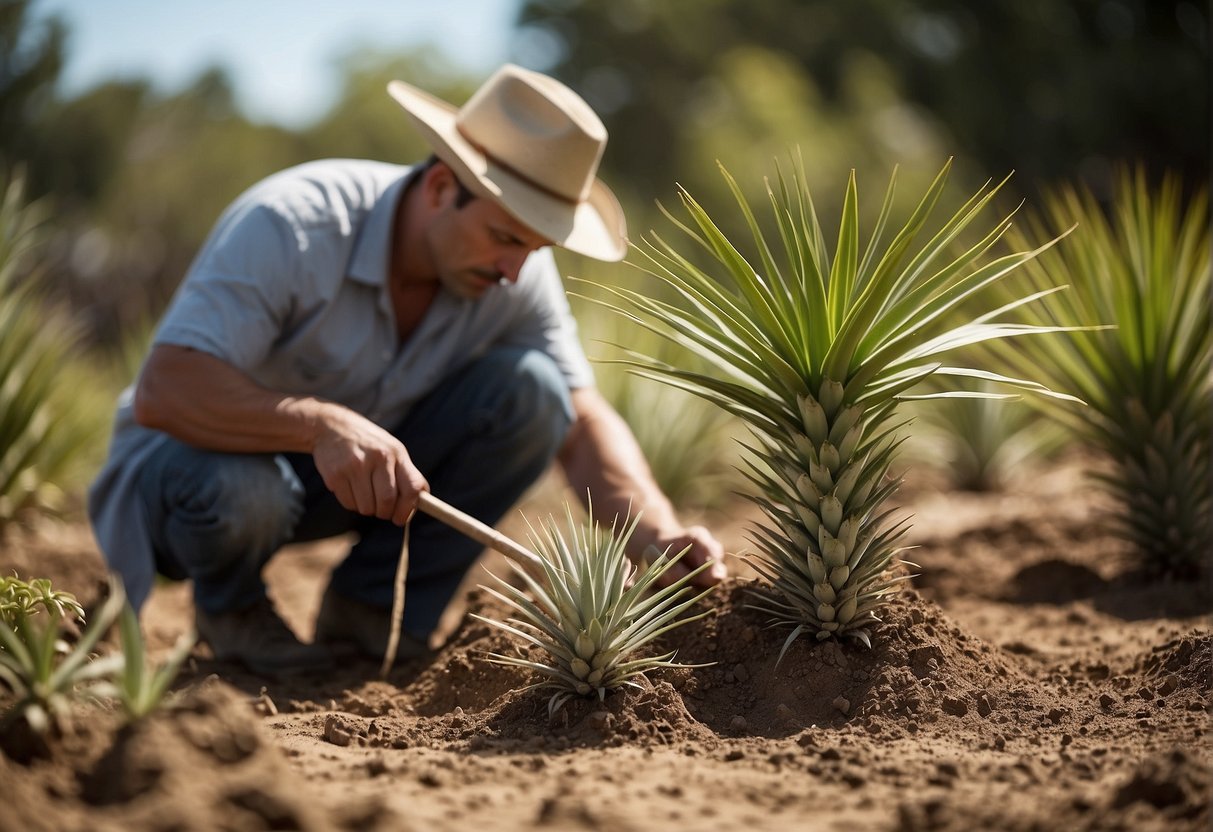 A person planting yucca plants in a sunny garden, carefully digging a hole and placing the yucca plant with soil around it
