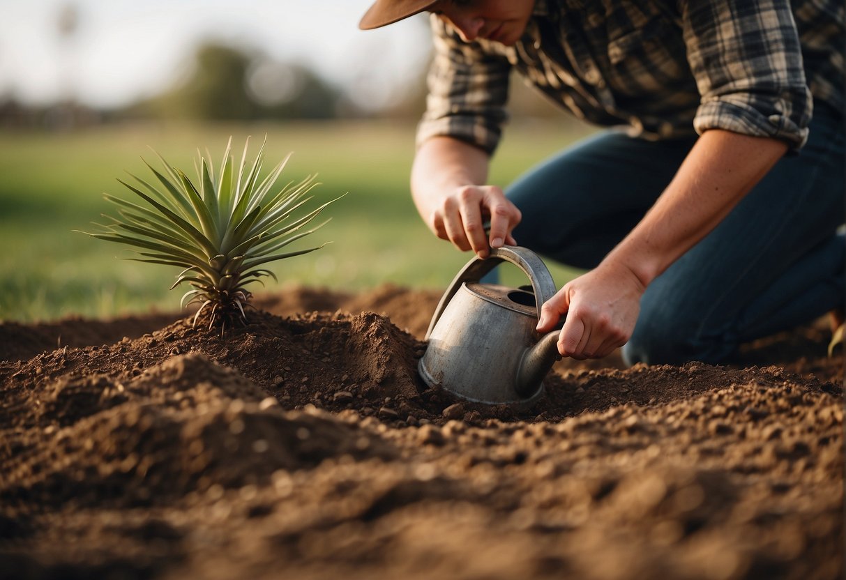 A person digging a hole in the soil, placing a yucca plant inside, and gently patting the soil around it. A watering can nearby