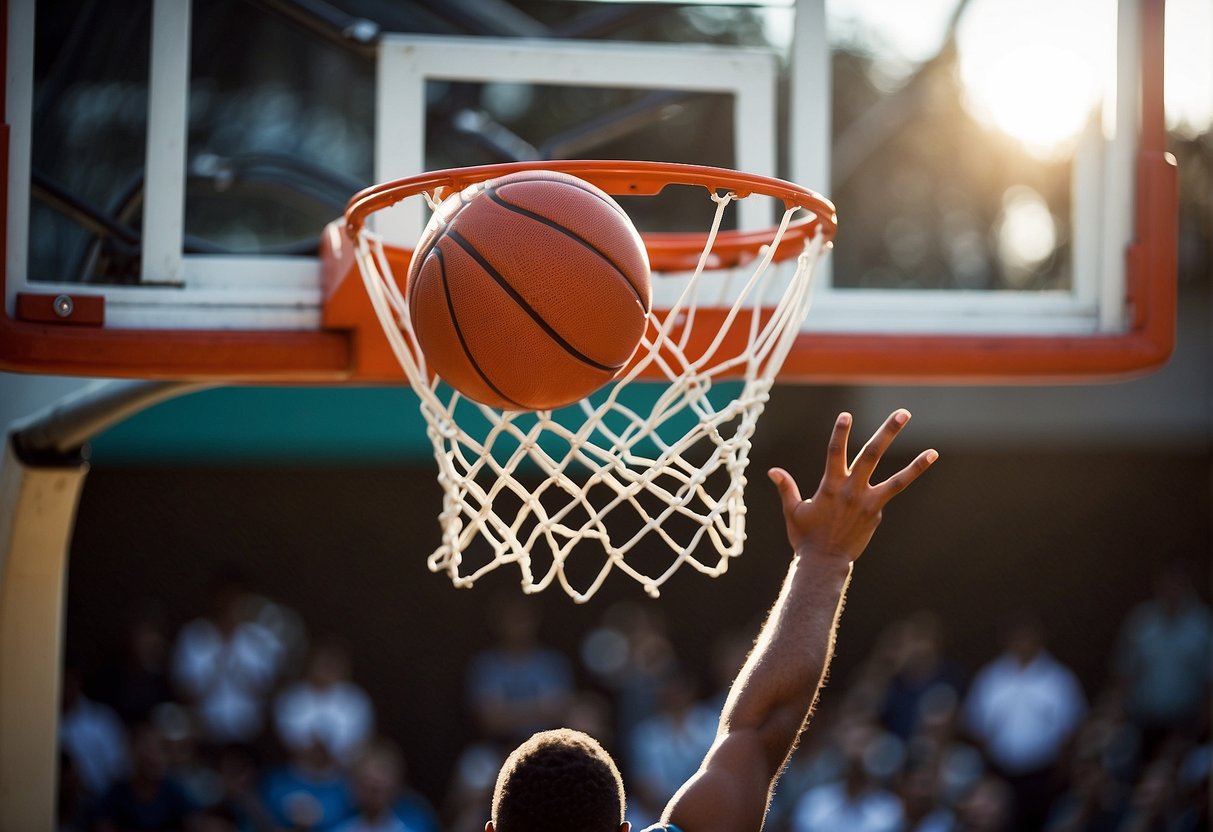 A basketball being held by oversized hands, dwarfing the ball, as it is about to be dunked into the hoop