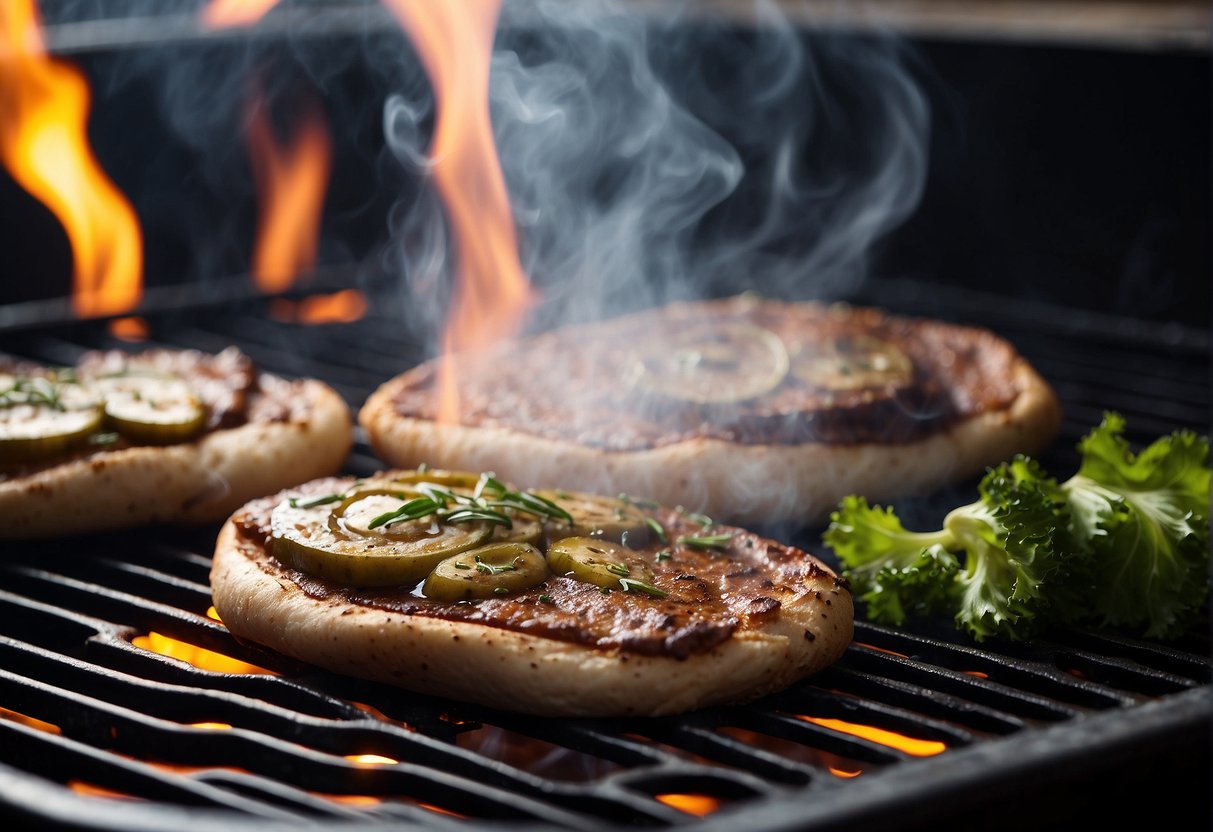 Sizzling gyro meat on a hot grill, steam rising