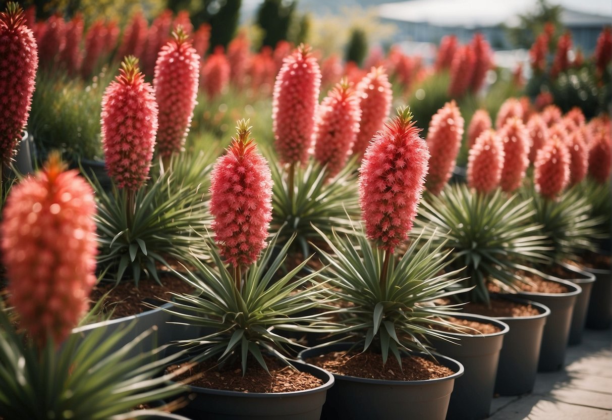 A garden center with rows of vibrant red yucca plants in pots, surrounded by greenery and sunlight