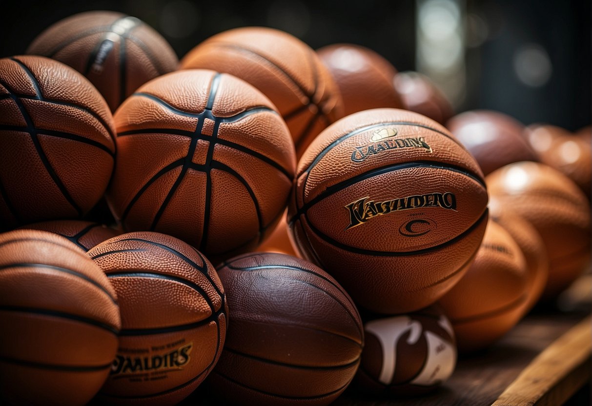A collection of basketballs of varying sizes, with one significantly larger than the rest, representing the legendary NBA figures with notable hand sizes