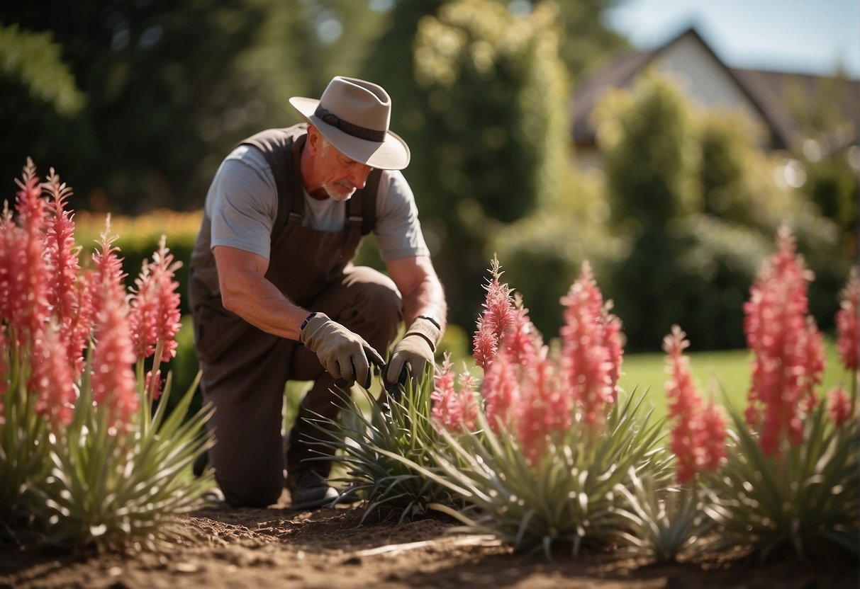 A gardener plants red yucca in a sunny spot, watering and fertilizing regularly. Nearby, a garden center sells red yucca plants