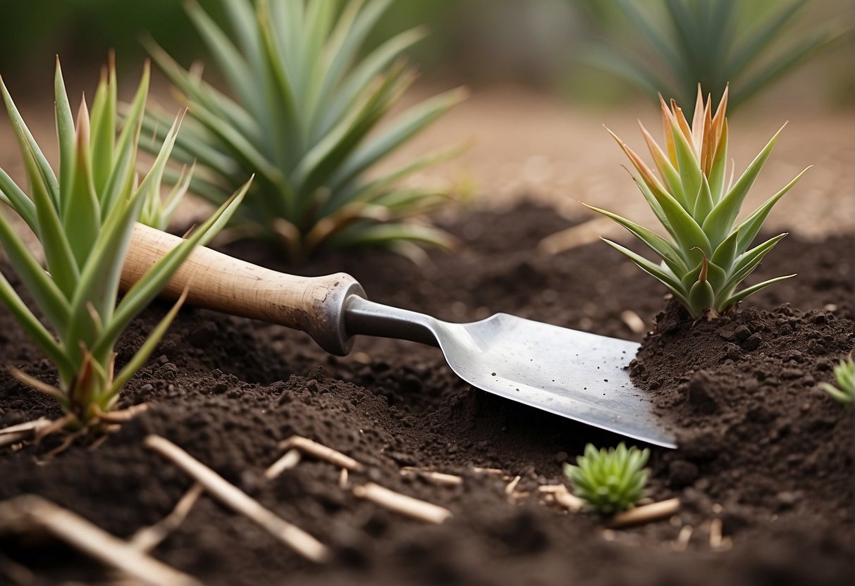A pair of gardening gloves gripping a shovel as it digs into the soil around a cluster of yucca plants