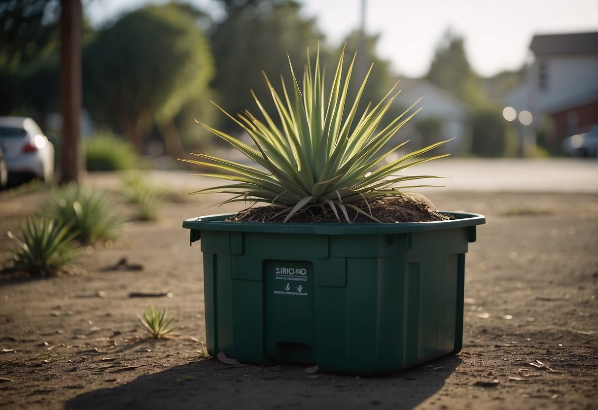 A yucca plant being uprooted and disposed of in a trash bin