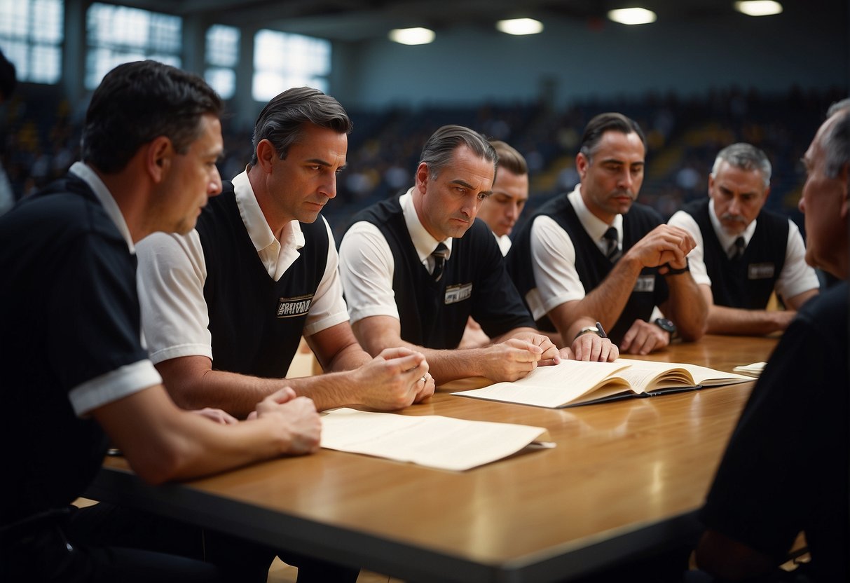 A group of officials studying rulebooks and attending training sessions, while also gaining experience by officiating lower-level basketball games