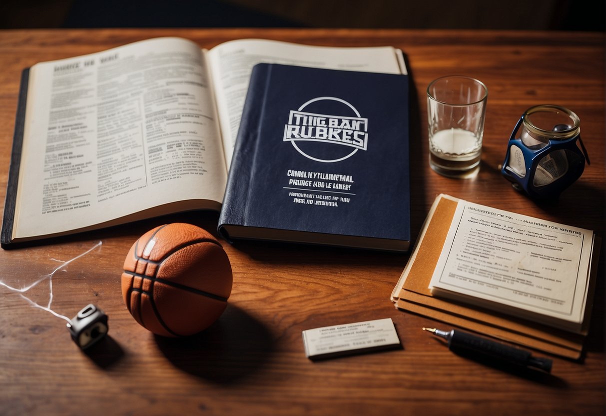 An NBA rulebook open on a desk, surrounded by a whistle, referee shirt, and basketball court diagram