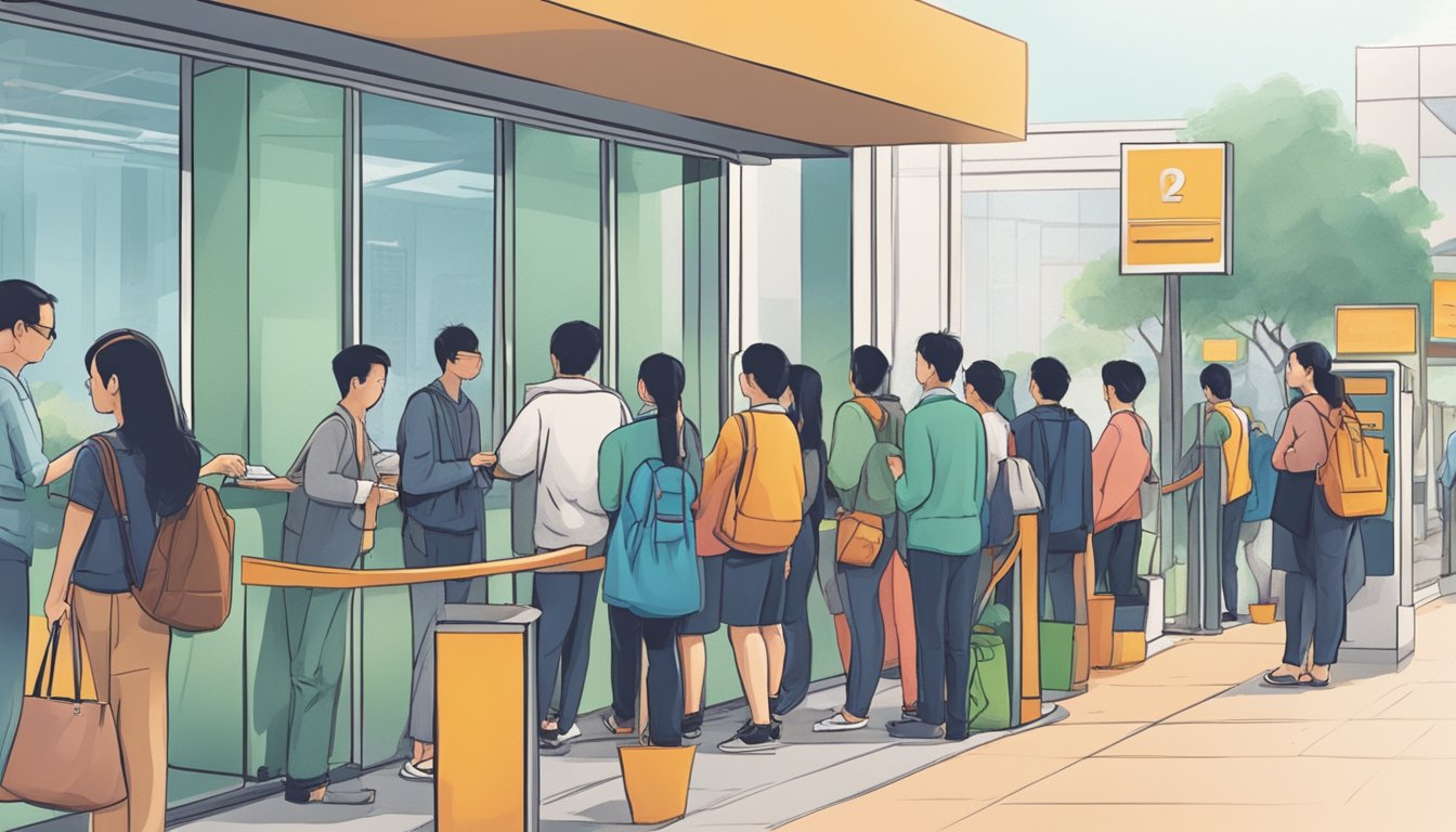 A line of people waits at a bank, while another line forms at a monthly instalment money lender. The contrasting scenes show different options for financial services in Singapore