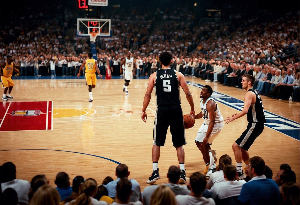 A basketball court with referees in action, surrounded by a crowd of cheering fans and players competing in a high-stakes NBA game