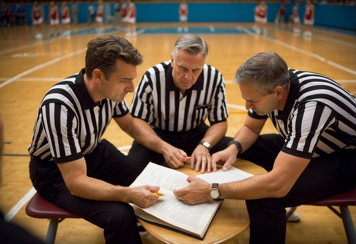 A group of referees studying a rule book and discussing mechanics on a basketball court