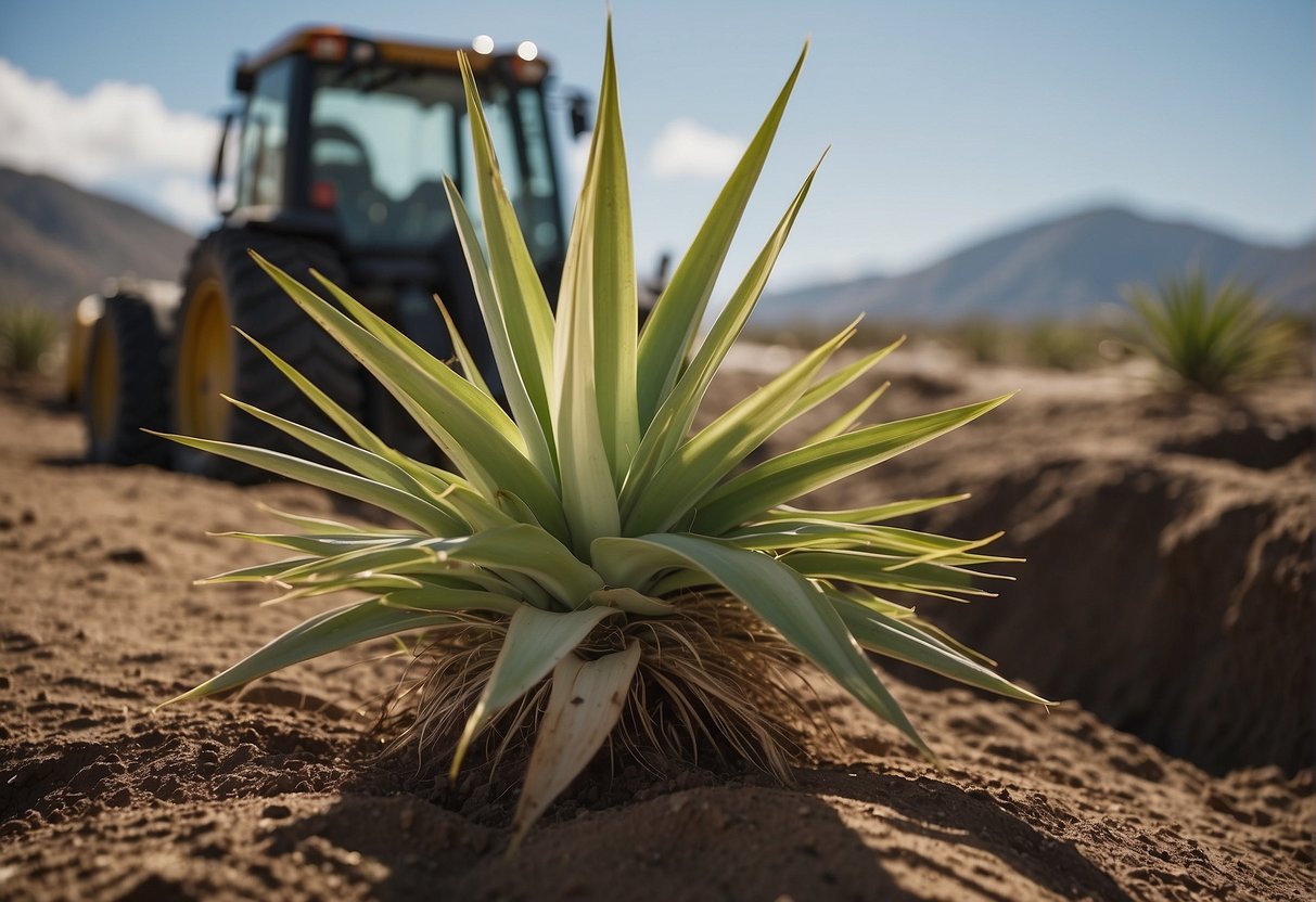 Yucca plant being carefully uprooted, transported, and replanted in a new location