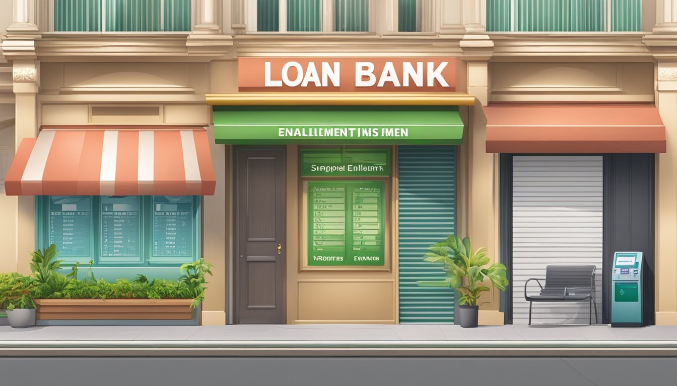 A bank sign with loan products and features displayed next to a money lender's sign showing monthly installment options in Singapore