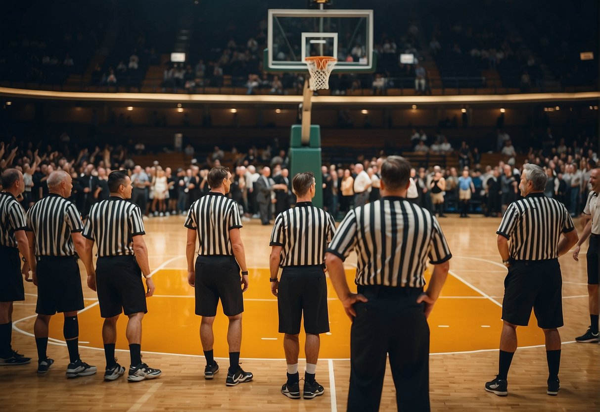 A basketball court with a referee making calls during a game, surrounded by coaches, players, and fans. The referee's uniform and whistle highlight their authority