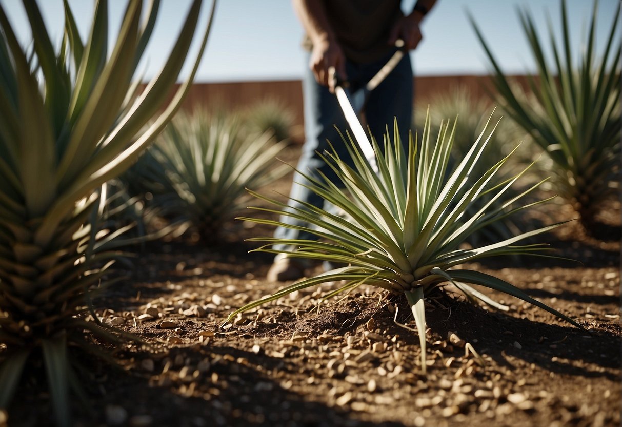 Yucca plants being pruned with sharp shears, cut leaves and stems piled nearby, a person's shadow in the background