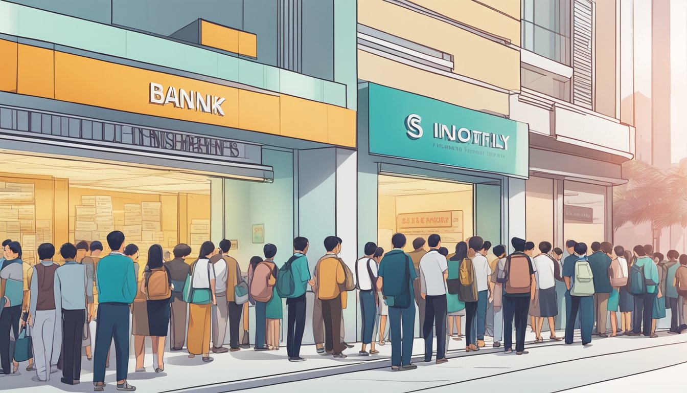 A crowded bank with long queues vs a lone money lender with a sign advertising monthly instalments in Singapore