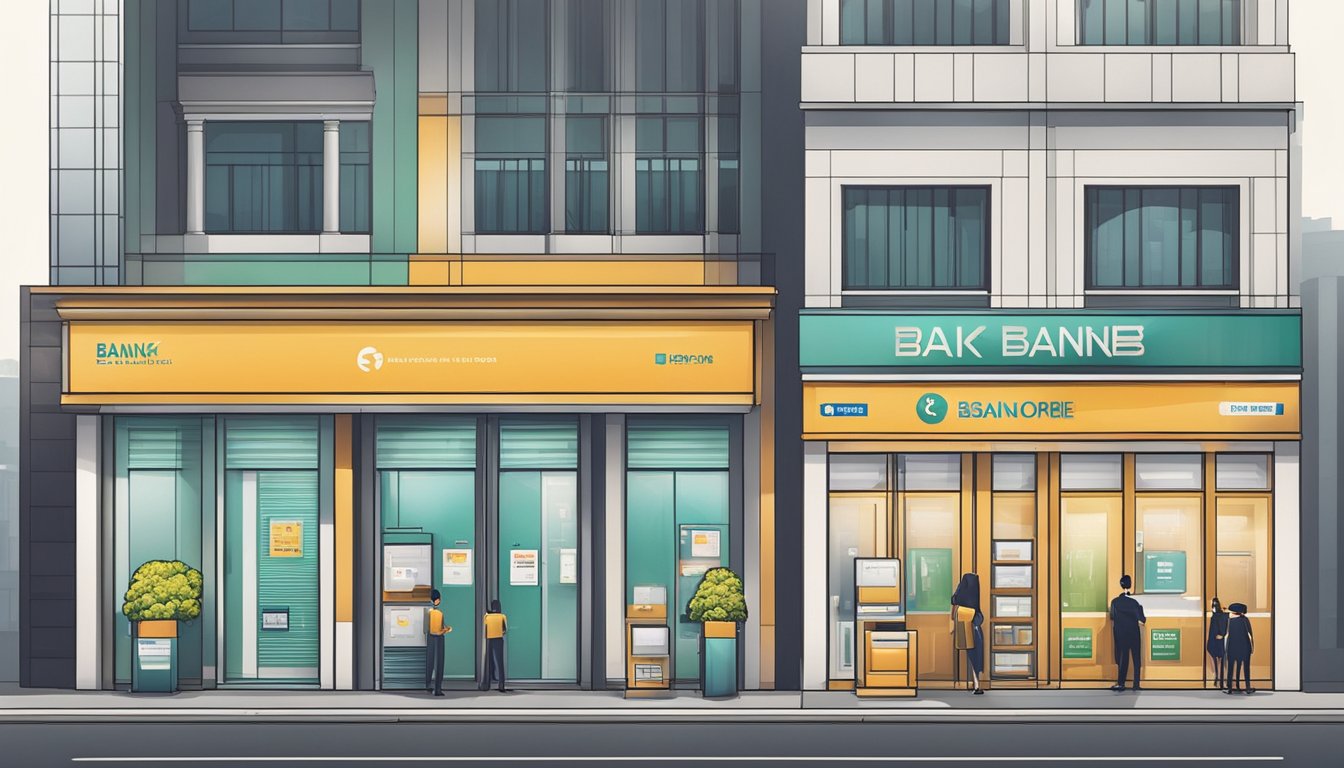 A bank and a monthly instalment money lender stand side by side in Singapore, each with its own distinct signage and logo. The bank's building is sleek and modern, while the money lender's is smaller and more modest