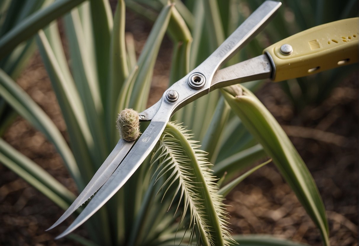 A pair of gardening shears cutting back a yucca plant