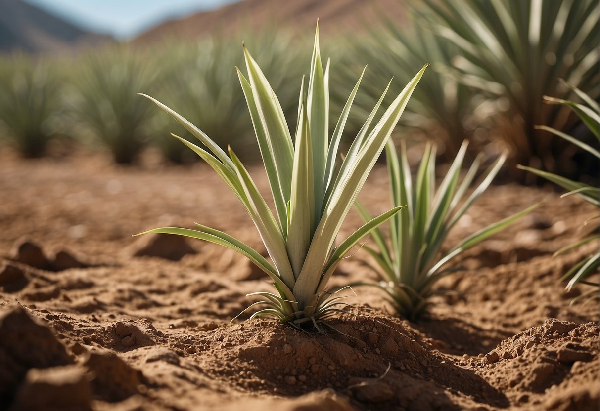 Yucca plants surrounded by well-draining soil and receiving a gentle watering, with a balanced fertilizer nearby