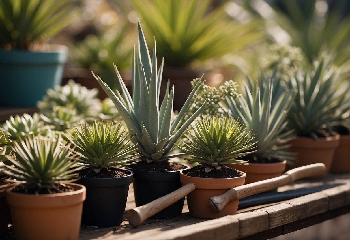 Yucca plants being divided with gardening tools and potted into separate containers