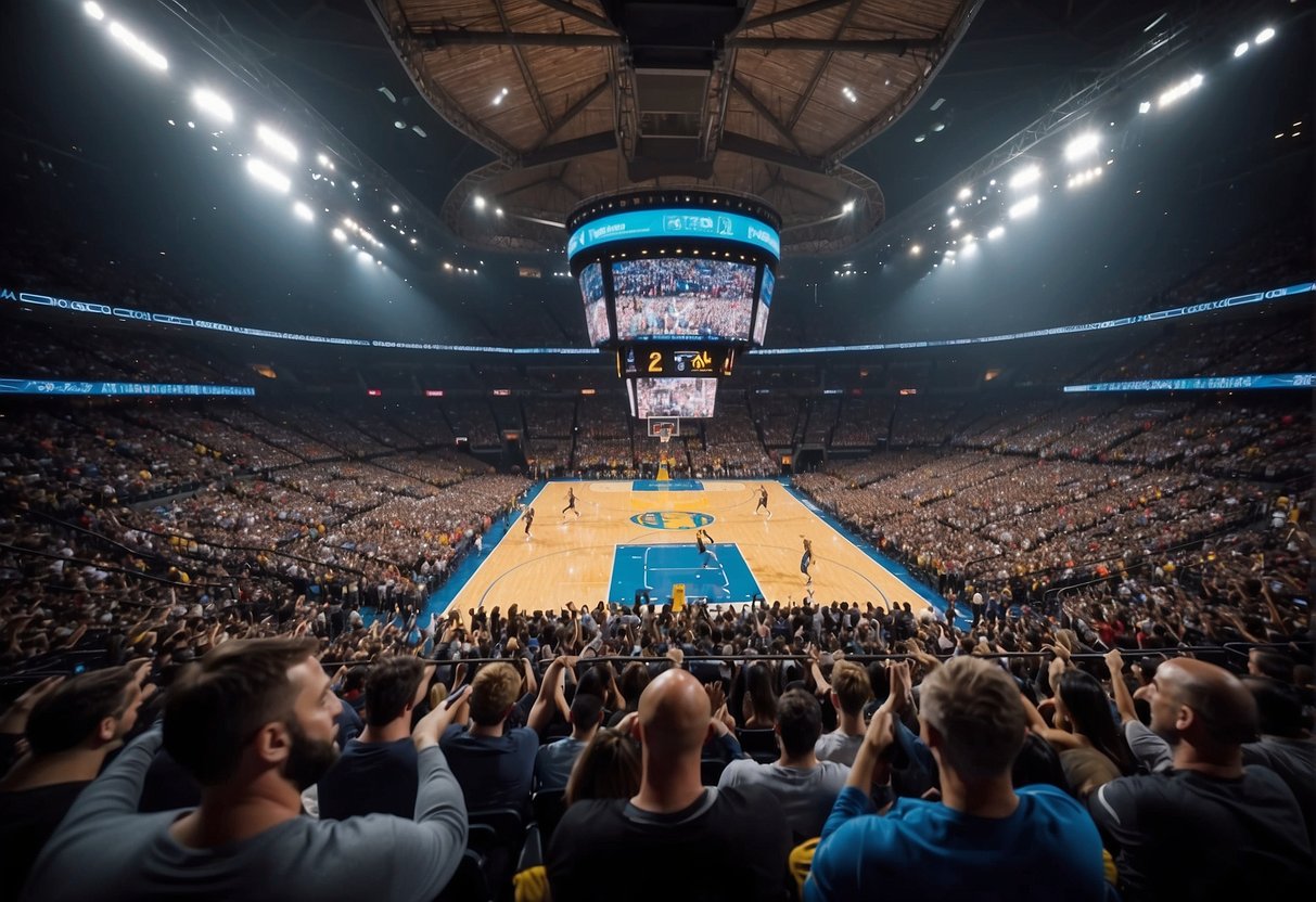 A packed basketball arena with cheering fans, bright lights, and giant screens displaying top NBA teams and players in action