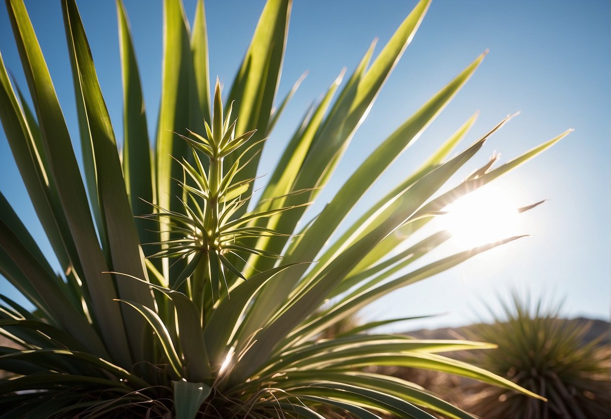 A yucca plant basks in the bright sunlight, its long, spiky leaves reaching towards the sky. The sun's rays illuminate the plant, casting shadows on the ground below